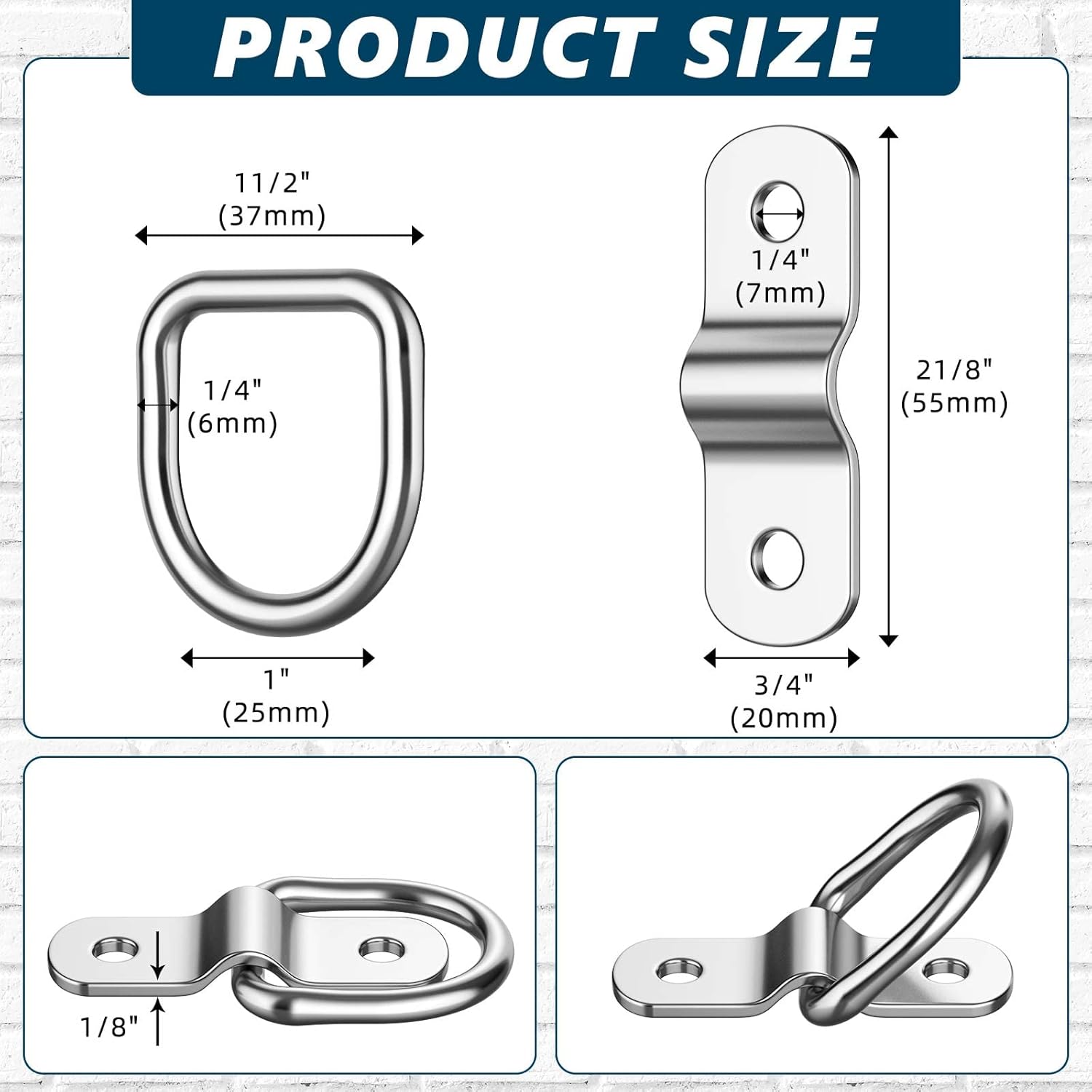60 Pcs 1/4 Inch Heavy Duty Stainless Steel D Rings P210643