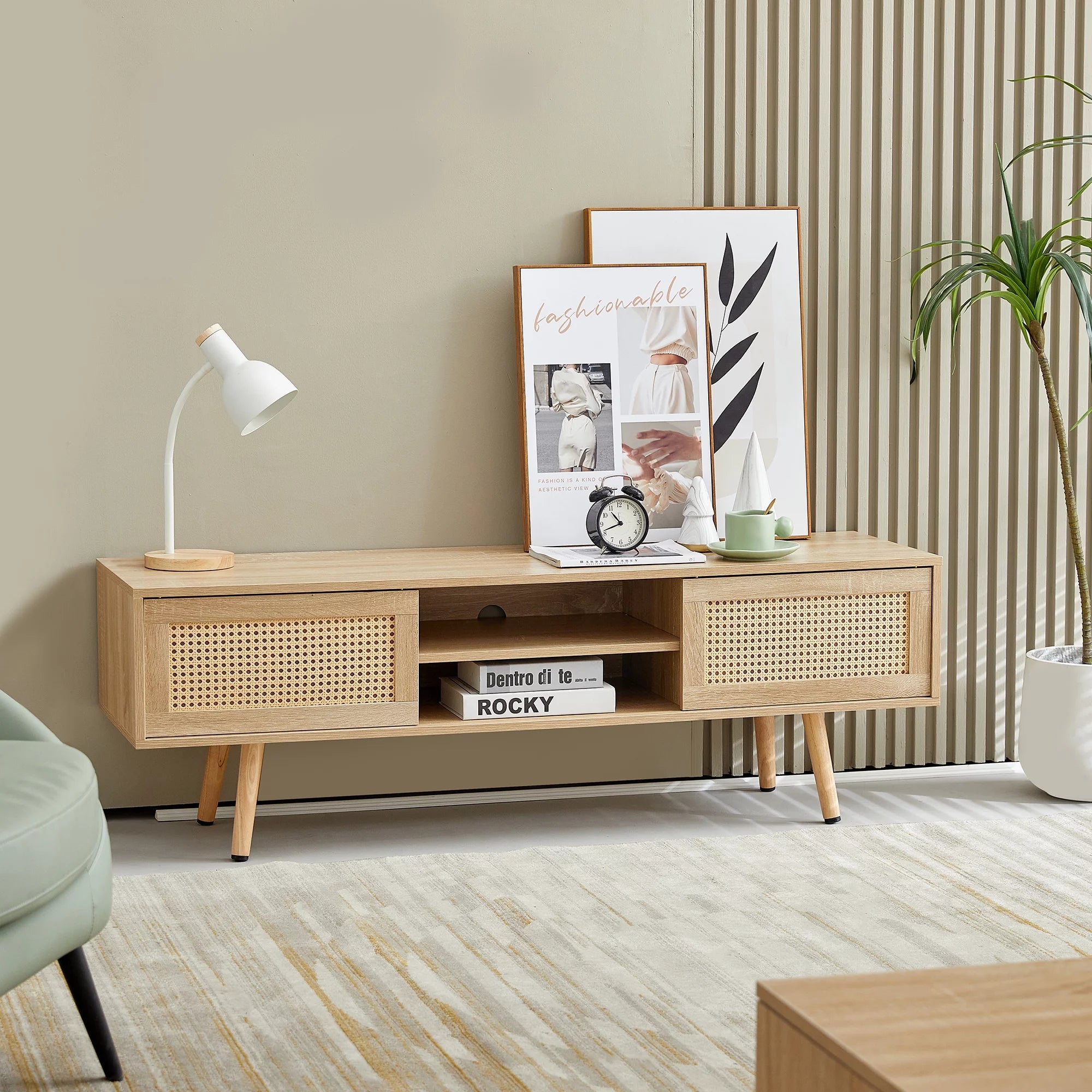 55" Rattan TV Stand with 2 Sliding Doors and Adjustable Shelf Z462195