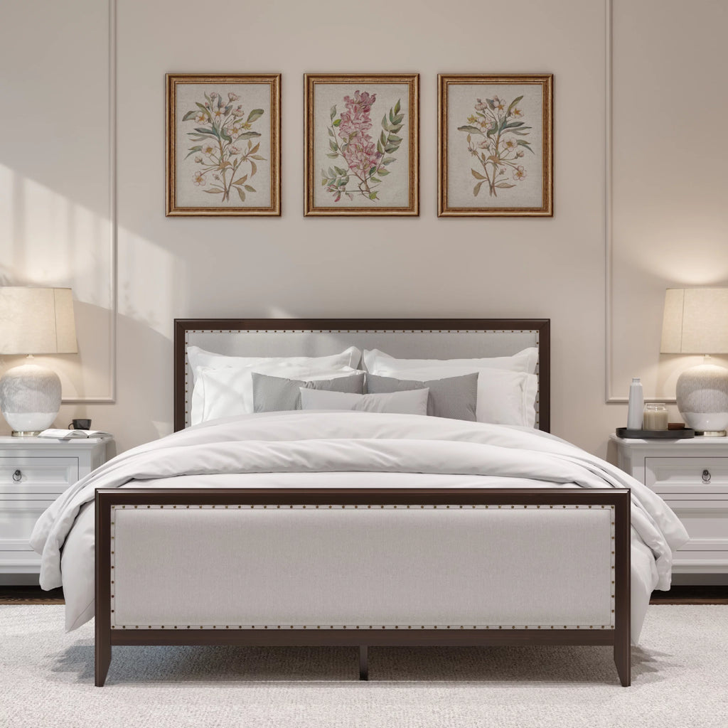 King Size Upholstered Wood Platform Bed Frame with Nailhead Trim L3807