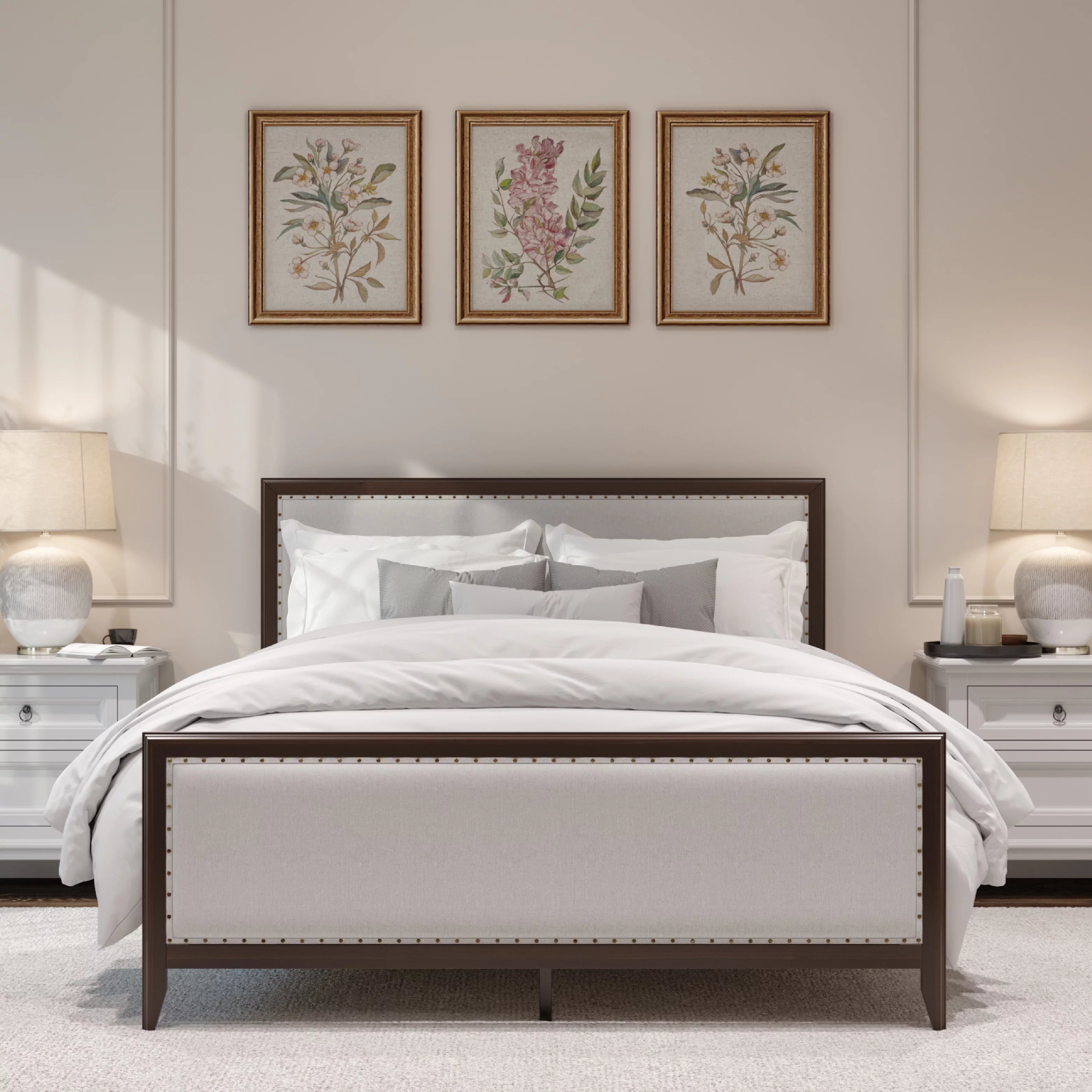 King Size Upholstered Wood Platform Bed Frame with Nailhead Trim L3807