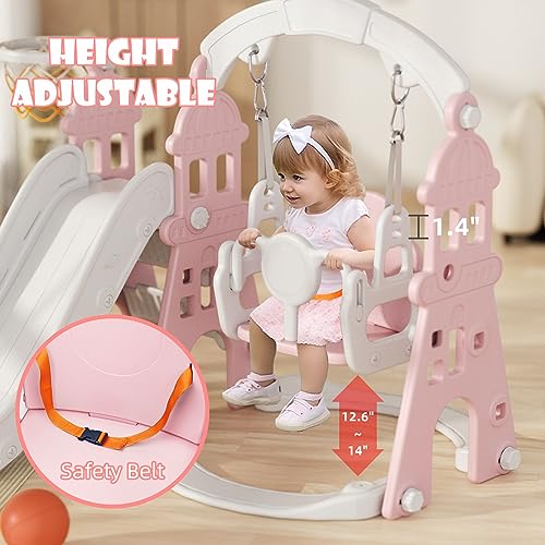 Pink Toddler Slide and Swing Set with Basketball Frame Q198
