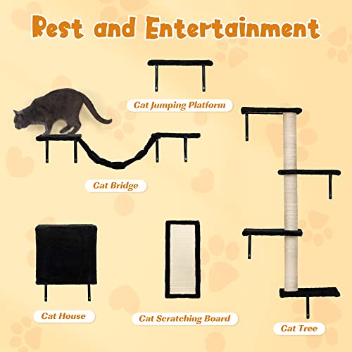 Beige 5 Pcs Wall-Mounted Cat Climber Set with Cat Shelves, Ladder, Cat Condo House, Scratching Board and Cat Tree V923706