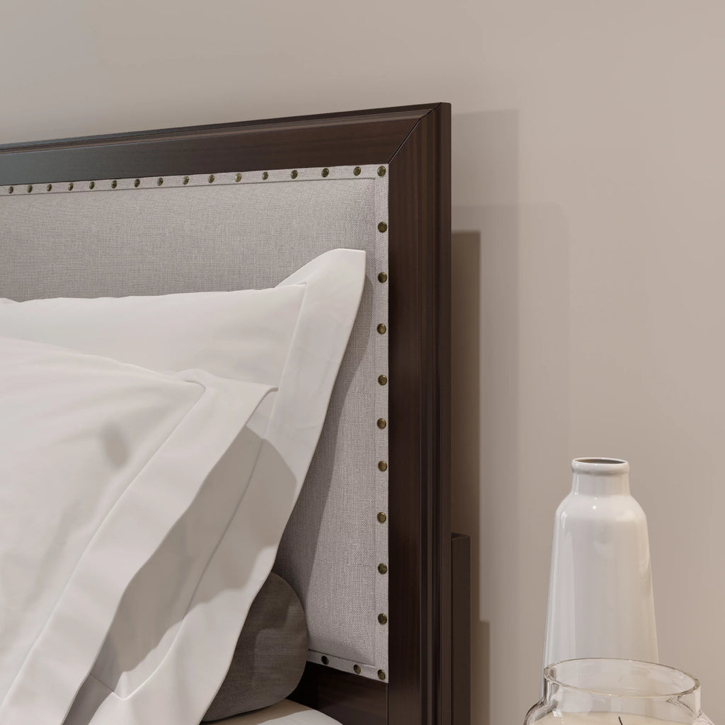 King Size Upholstered Wood Platform Bed Frame with Nailhead Trim L3807
