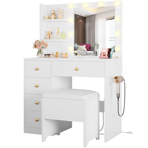 White Vanity Desk with Mirror and Lights, 5 Drawers, and Stool K800961