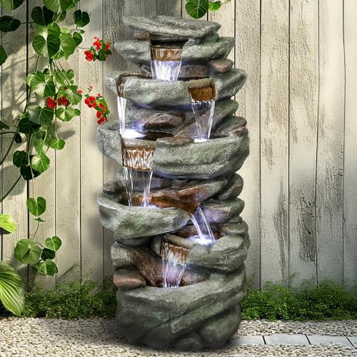 40" High 6-Tiers Cascading Rock Outdoor Water Fountain with LED Lights J214
