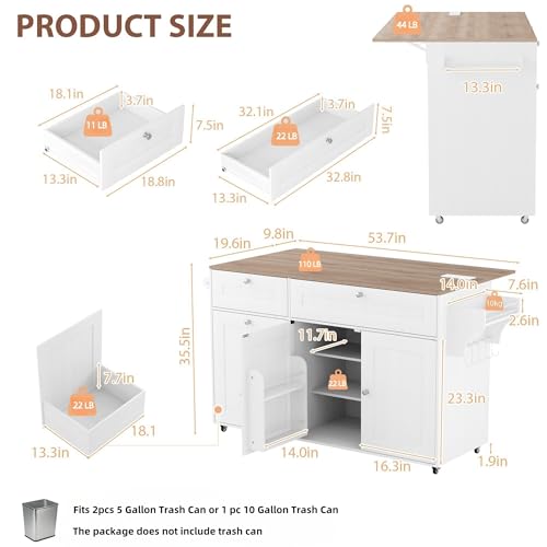 Kitchen Island on Wheels with Storage, Drop Leaf, Power Outlet, Trash Can Storage, Spice Rack, Towel Rack, Drawers L944
