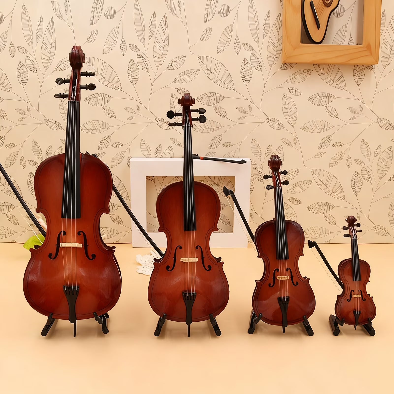 Wooden Mini Violin Model with Stand Playable Tiny Violin Figurine Miniature Musical Instrument Ornament C1709
