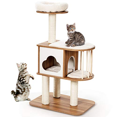 Light Grey Wood Cat Tree with Scratching Posts and Washable Cushions G14217