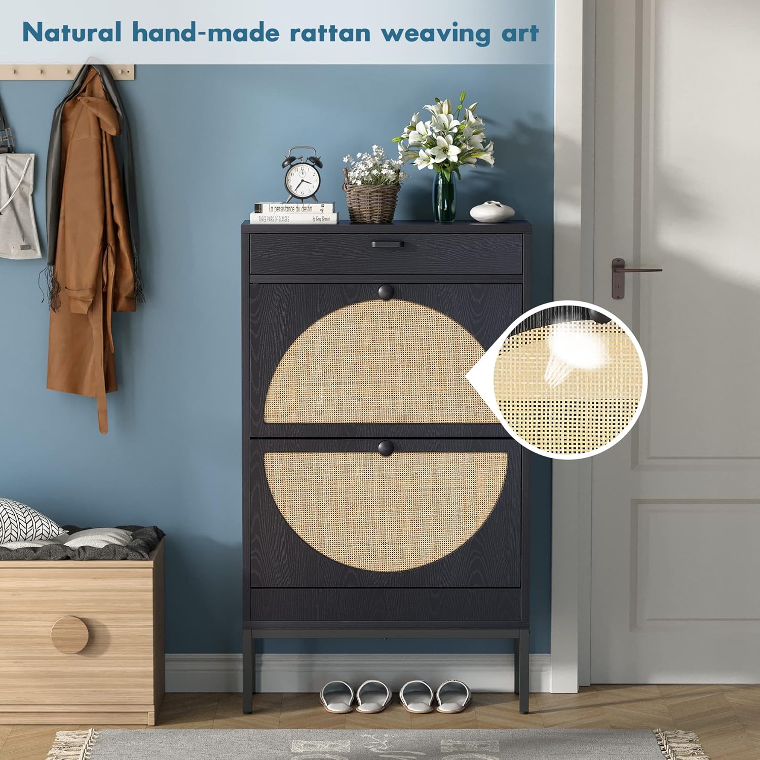 Natural Rattan Weave Shoe Cabinet with 2 Flip Drawers (Black, 2 Pieces) B441
