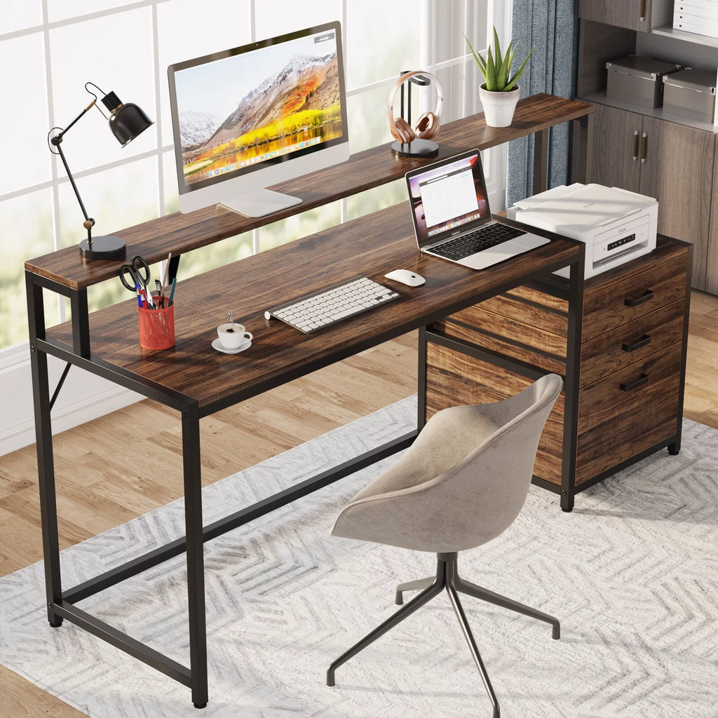 63" Ergonomic Computer Desk with Monitor Stand and Drawers, Rustic Brown Y6314