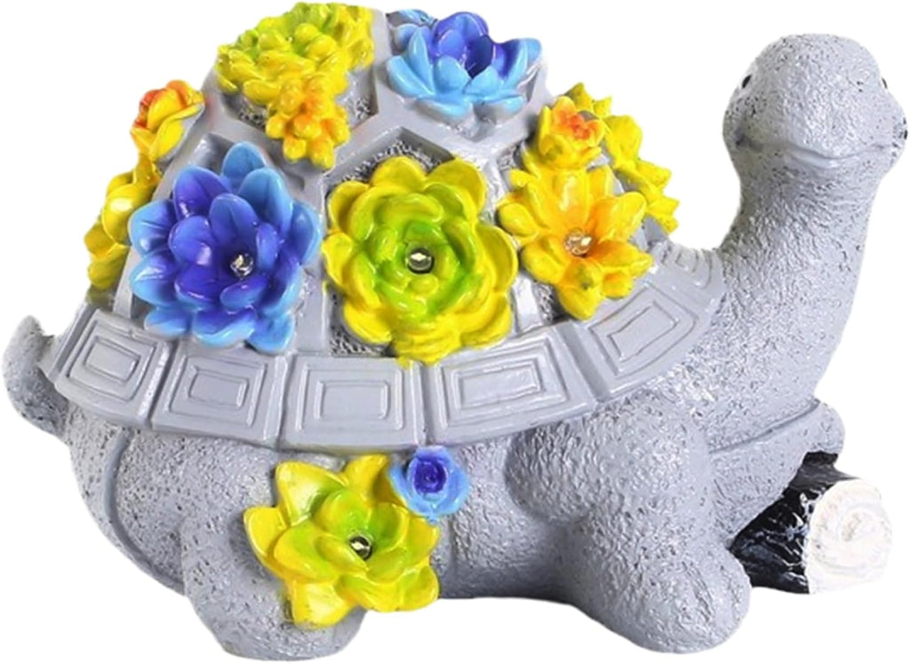 Turtle Garden Statue with 7 LED Succulent Lights, Resin Turtle Garden Decor Y11596