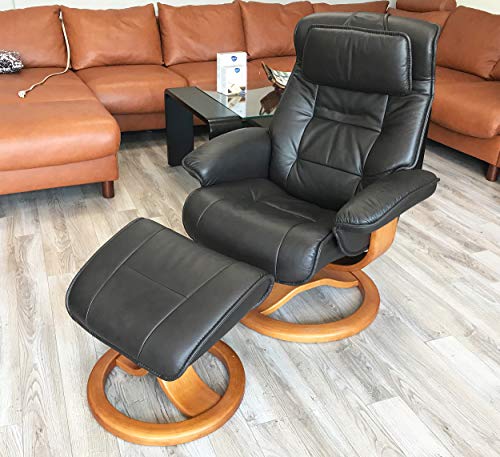 Large Ergonomic Recliner Chair with Ottoman in Stone Leather with Teak Wood Base X955