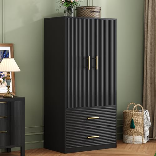 White Freestanding Wooden Armoire with 2 Drawers and Hanging Rod B94229
