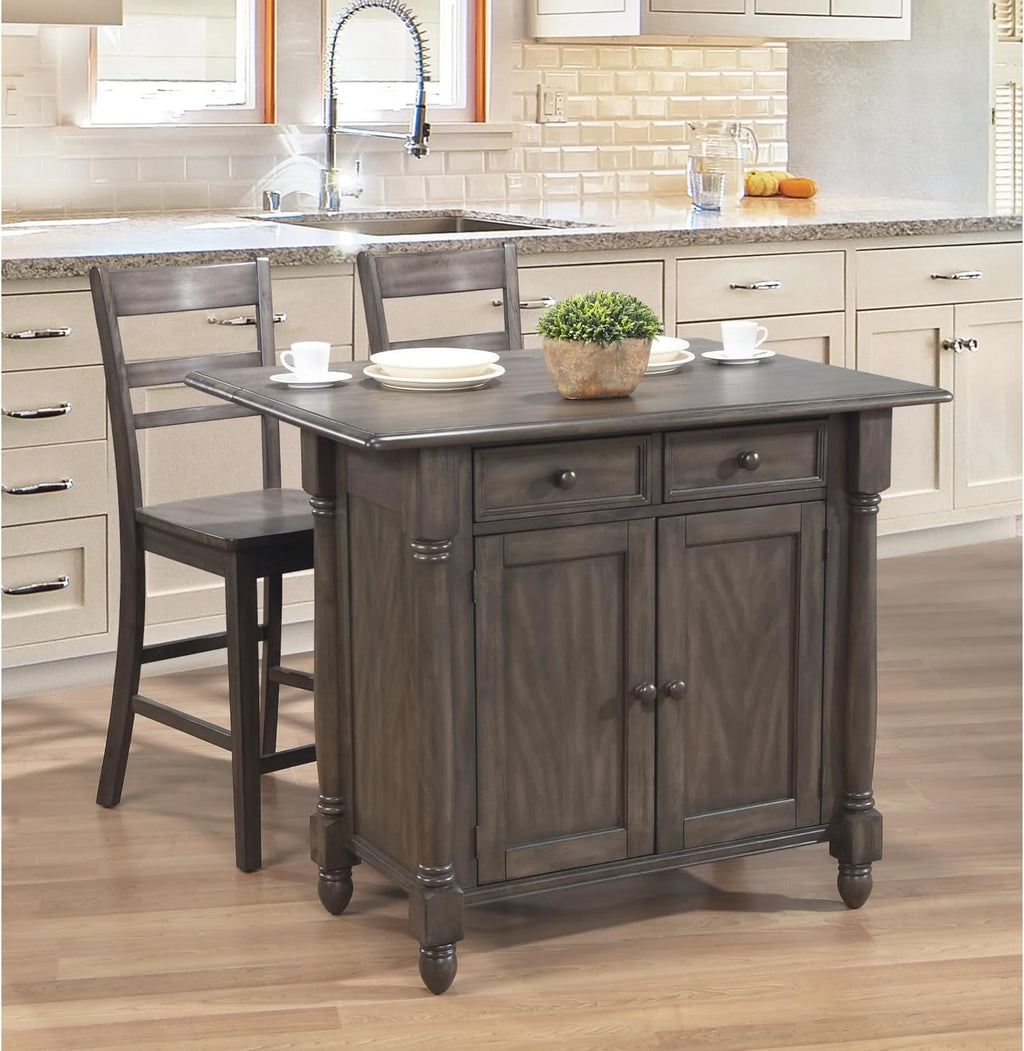 Expandable Drop Leaf Kitchen Island Set with 2 Stools, Drawers and Cabinet L3690