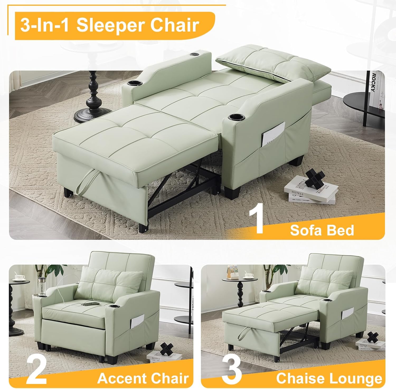 PU Leather Mint Green Sleeper Chair Sofa Bed Y282790