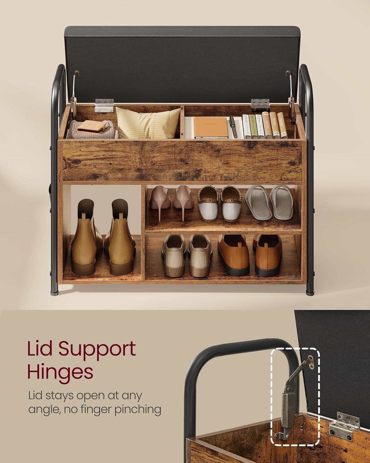 Rustic Brown and Ink Black Shoe Bench with Storage B229