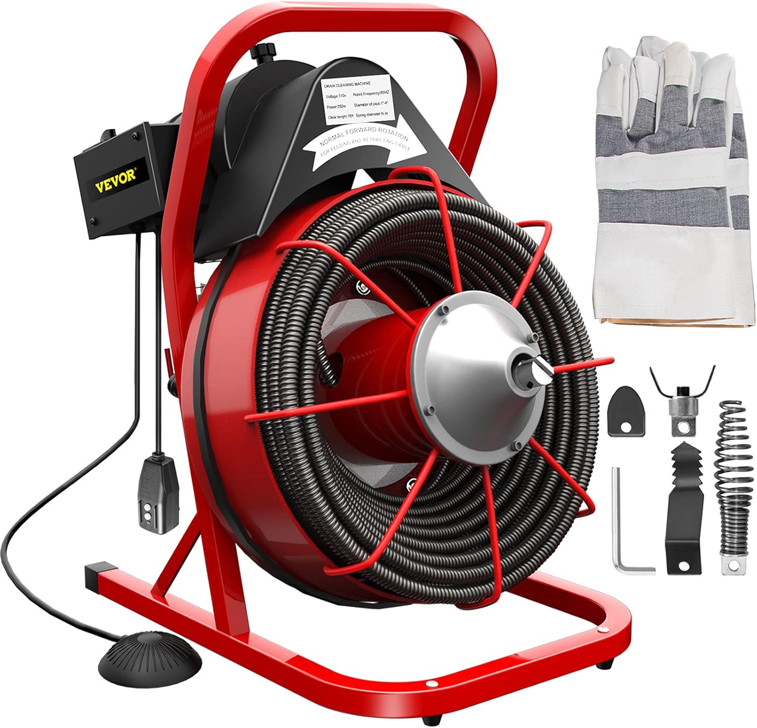 75Ft x 3/8Inch Drain Cleaner Machine, 250W, Portable Electric Drain Auger with Cutters Glove R419151