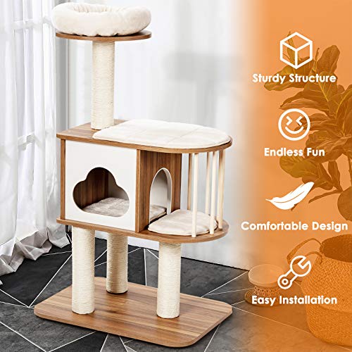 Light Grey Wood Cat Tree with Scratching Posts and Washable Cushions G14217