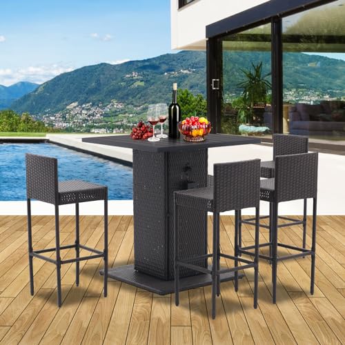 5-Piece Outdoor Wicker Bar Set with 4 Stools (Grey) Y697