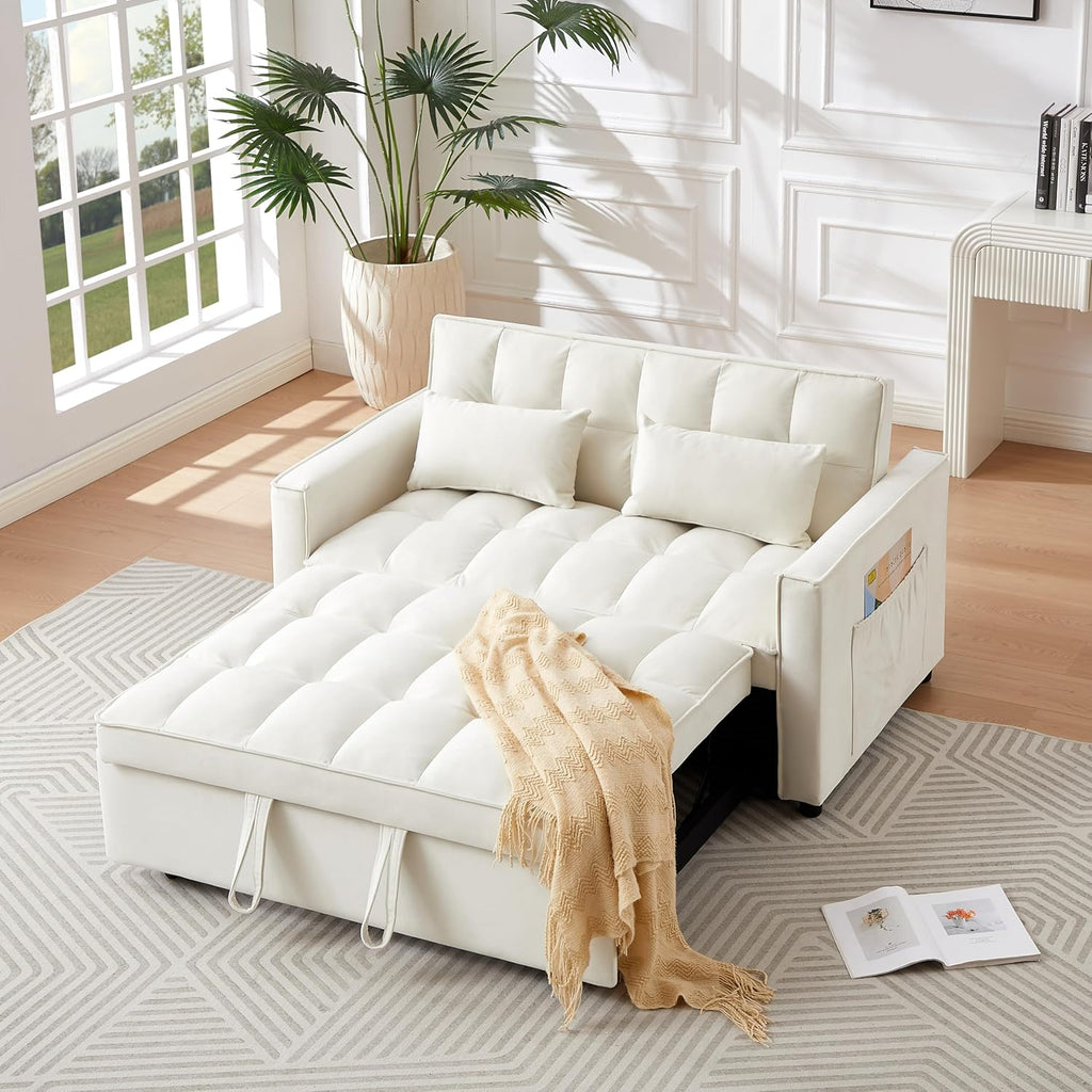 Ivory Velvet 2 Seater Convertible Loveseat Sleeper Sofa with Pull-Out Bed C4009