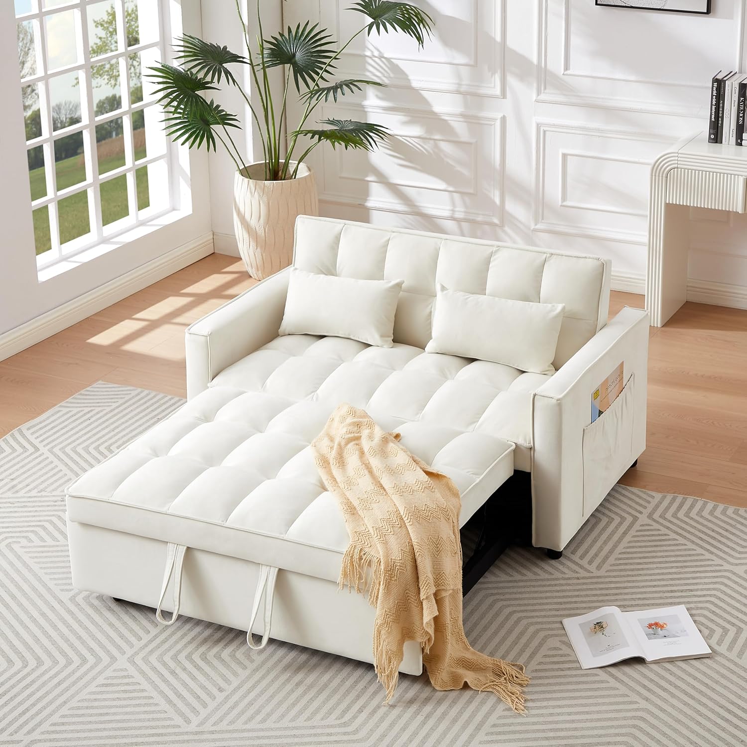 Ivory Velvet 2 Seater Convertible Loveseat Sleeper Sofa with Pull-Out Bed C4009
