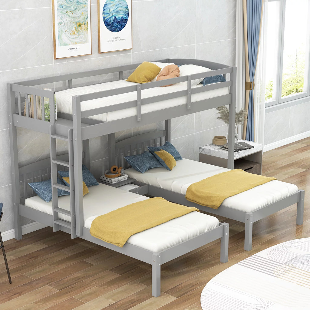 Triple Twin Solid Wood Bunk Beds with Guardrail and Ladder and Built-in Middle Drawer Q532097