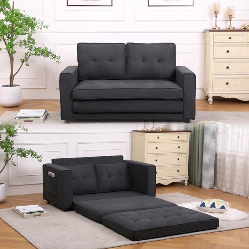Dark Grey 3 in 1 Upholstered Convertible Futon Sofa Bed with Side Pockets N93747