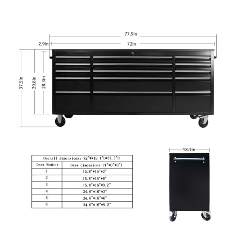 Black 72 in Rolling Tool Chest with Drawers Mobile Tool Cabinet E689