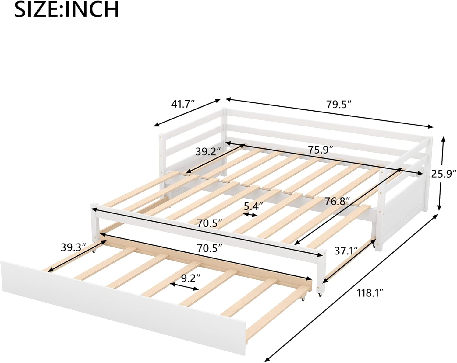 White Wood Twin to Double Extendable Daybed with Pull Out Trundle U47107