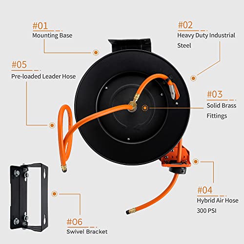 3/8" x 50 ft Retractable Air Hose Reel, 300 PSI Z88340