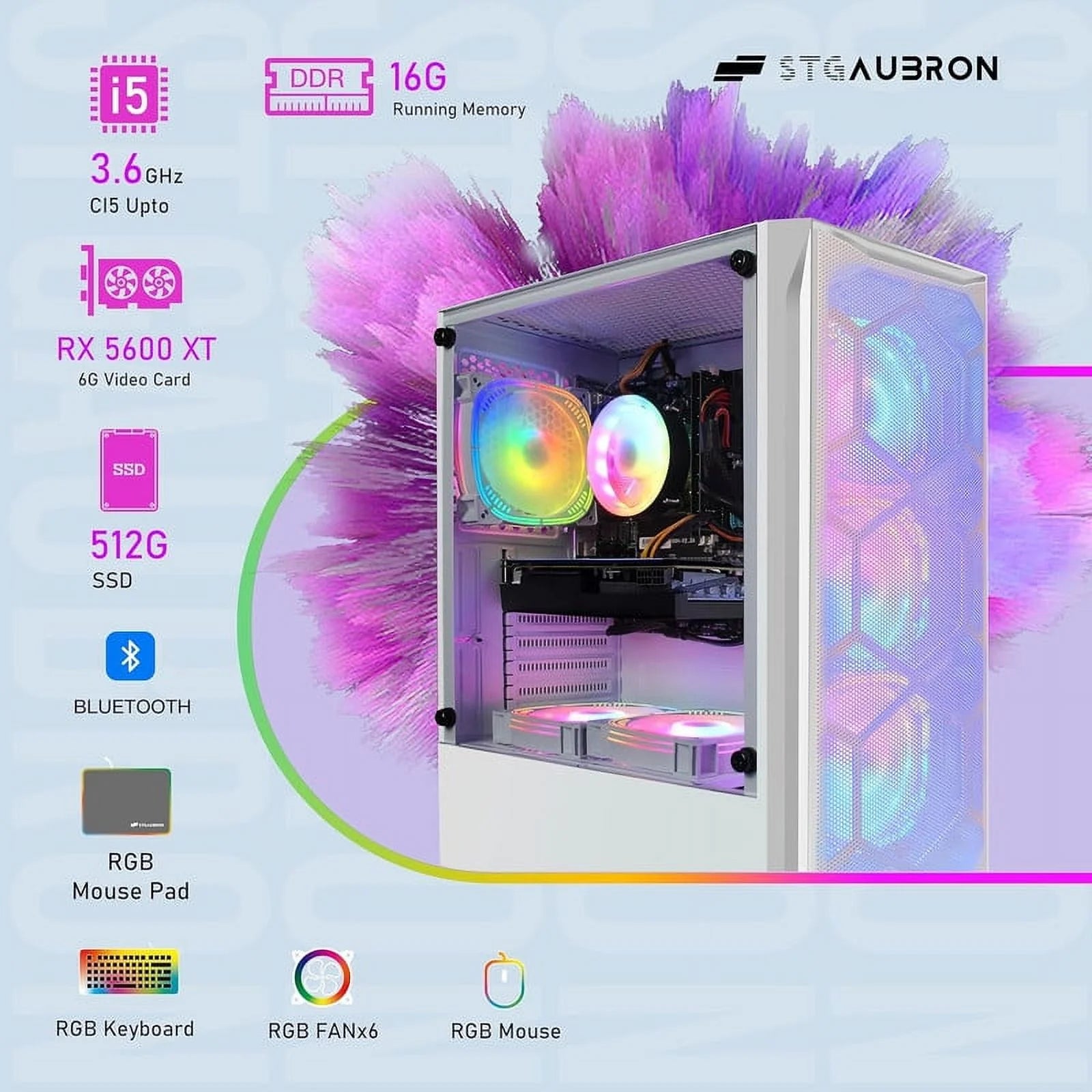 Gaming Desktop PC, Intel Core i5 3.2G up to 3.6G, 16G RAM, 512G SSD, Radeon RX 5600 XT 6G GDDR6, 600M WiFi, BT 5.0, RGB Fan x 6, W10H64 C9339