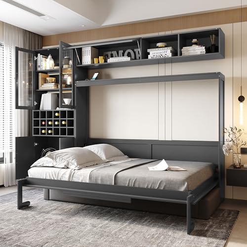 Queen Murphy Bed with Couch and Storage Shelves, Charging Station, LED Light, Wood Foldable Wall Bed Cabinet with Sofa and Storage Cabinet, Bookcase, Wine Rack (White) J945738