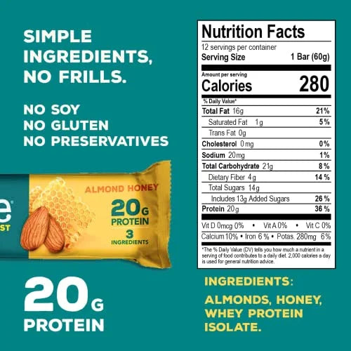 Almond Honey Whey Protein Bars, 20g Protein, 12 Pack S3106