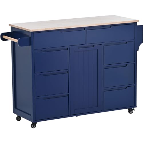 Farmhouse Kitchen Island with Power Outlet, Rolling Cart with Drop Leaf, Storage Cabinet Table on Wheels with Spice Rack and Drawer A485