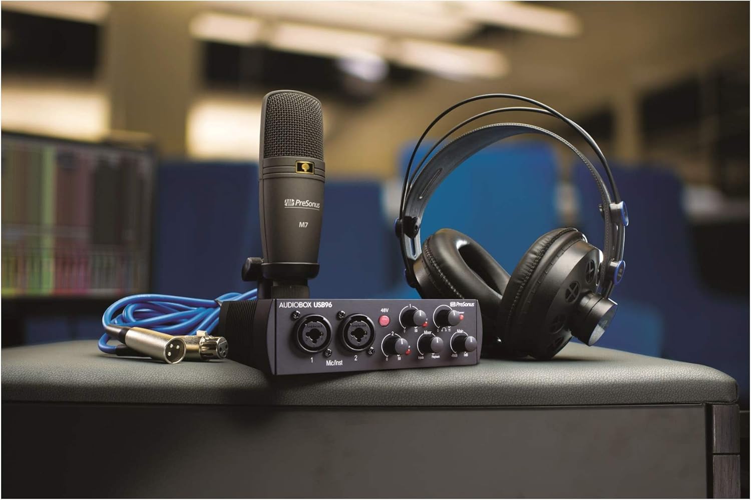 AudioBox 96 Interface with Microphone, Headphones, XLR Cable Bundle with Studio Stand, Pop Filter and Shock Mount (7 Items) O840689