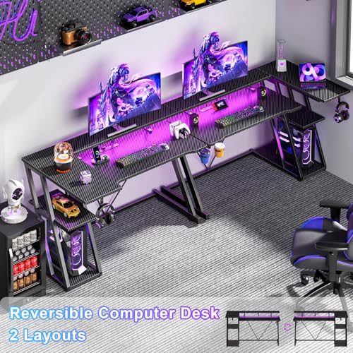 55 Inch L Shaped Gaming Desk with Power Outlet, LED Lights, Storage Shelves, Carbon Fiber Black X715197