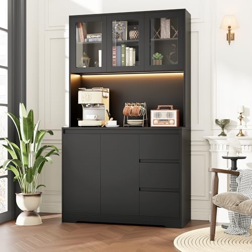 Black 71" Kitchen Pantry Cabinet with LED Lights and Charging Station Z286