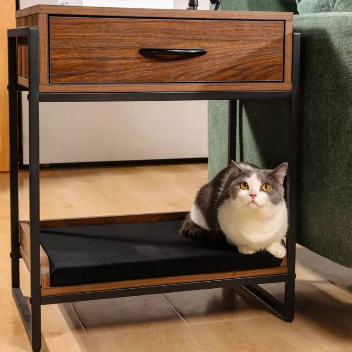 Brown End Table with Storage Drawer and Cat Resting Seat F810833