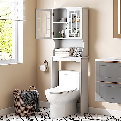 Gray Wooden Over The Toilet Storage Cabinet with Double Doors and Adjustable Shelf G427