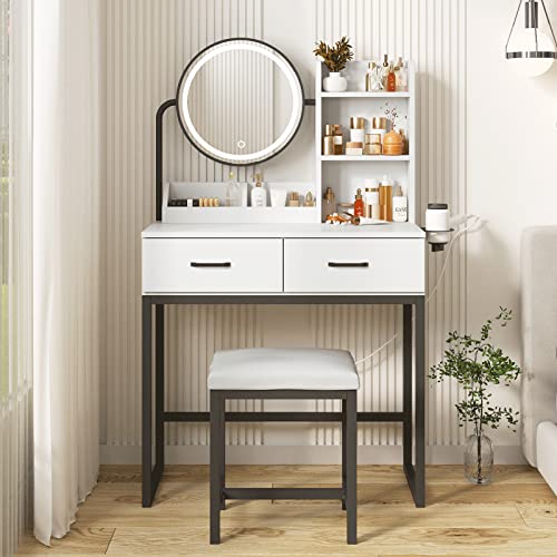 White Vanity Desk with Round Mirror and Lights, Brown and Black, 15.75 * 31.5 * 53.6in C754714