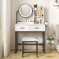 White Vanity Desk with Round Mirror and Lights, Brown and Black, 15.75 * 31.5 * 53.6in C754714