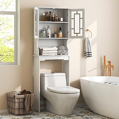 Gray Wooden Over The Toilet Storage Cabinet with Double Doors and Adjustable Shelf G427