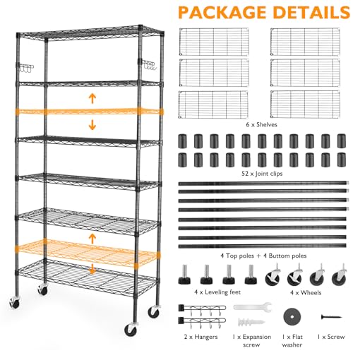 Black 6 Tier Adjustable Metal Wire Shelving Rack with Wheels A54235
