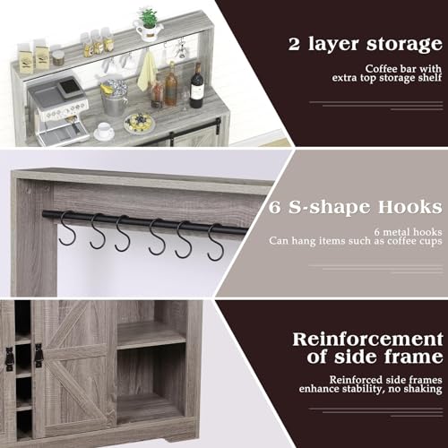 Grey Coffee Bar Cabinet with Sliding Barn Door and Adjustable Shelves M328