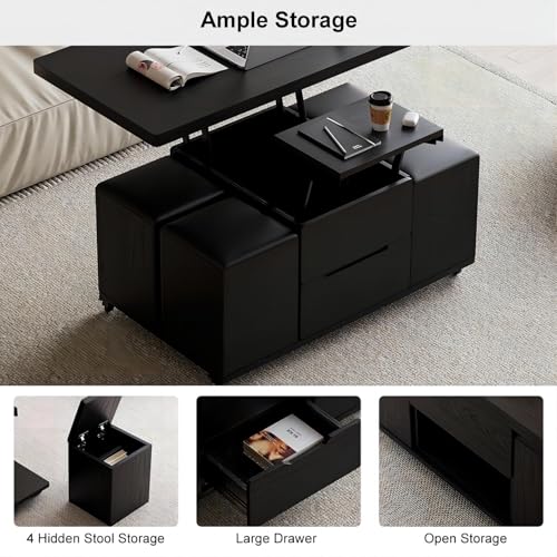 Black Lift-Top Coffee Table with Hidden Storage, 4 Stools and Lockable Wheels Q566720