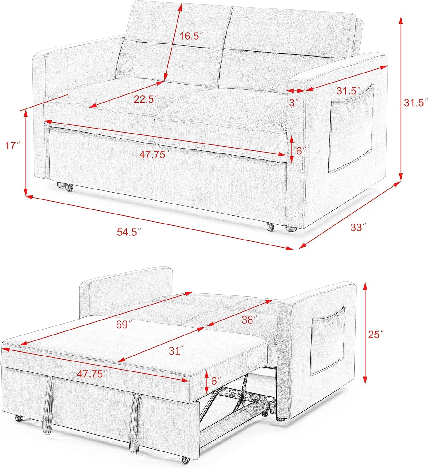 Blue 54.5" Convertible Sofa Bed W354040