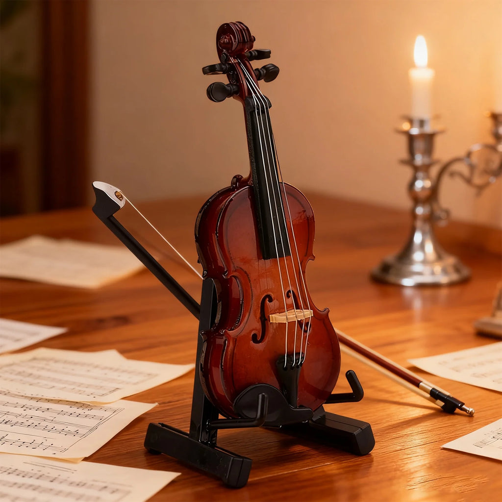 Wooden Mini Violin Model with Stand Playable Tiny Violin Figurine Miniature Musical Instrument Ornament C1709