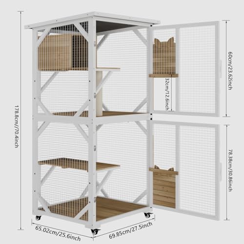 White Cat House Catio Outdoor Enclosure with Waterproof Roof on Wheels U68894