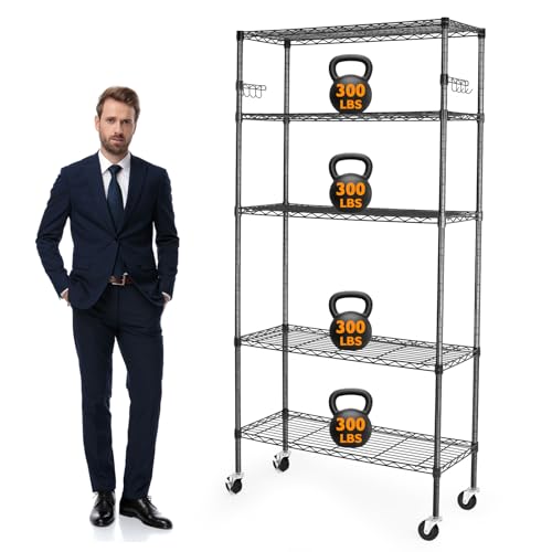 Black 6 Tier Adjustable Metal Wire Shelving Rack with Wheels A54235