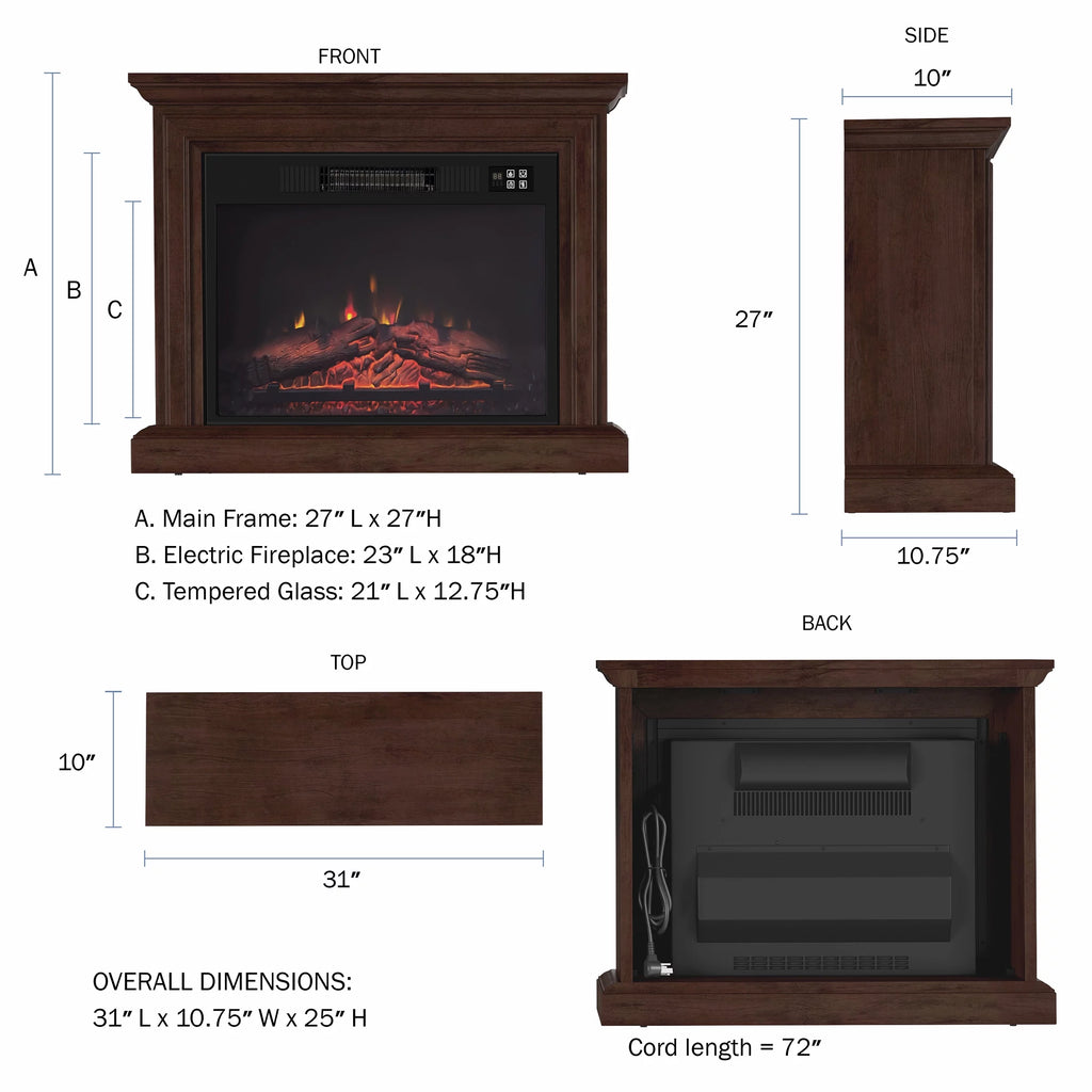 Brown Mobile Electric Fireplace with Mantel and Remote Control E593847